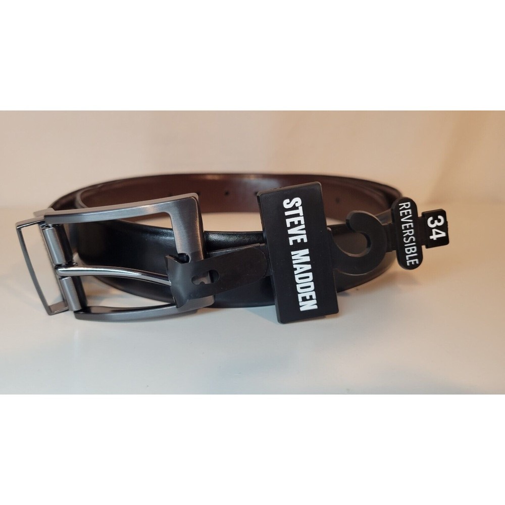 Steve Madden Mens Dress Belt Black Reversible Adjustable Buckle 34 New